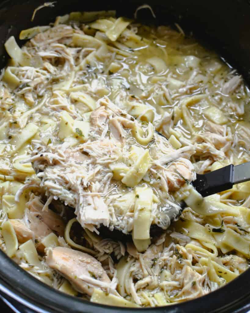Crockpot Chicken and Noodles (Comfort Meal the Whole Family Will Love) Crockpot Chicken and Noodles up close with a ladle full.