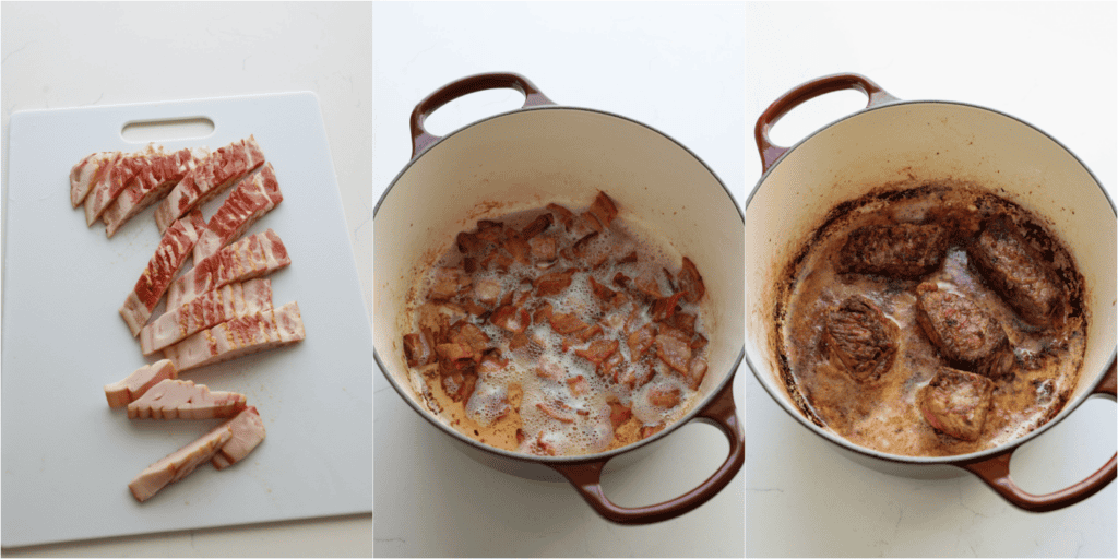 Some of the steps to making beef bourguignon. Brown the bacon in a Dutch oven and plate it. Salt and pepper both sides of the chuck roast pieces and dredge them in flour. Brown them on both sides in the bacon grease and plate them.