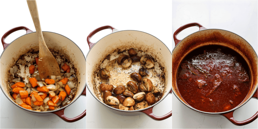 Some of the steps to making beef bourguignon. Add onions and carrots to the remaining bacon grease and cook until the onions are softened. Plate the vegetables. Remove excess bacon grease. Melt a little butter in the pot and cook the mushrooms until brown. Plate the mushrooms.  Add the wine and deglaze the pot, loosening the brown bits. Add the beef broth, tomato paste, bay leaves, thyme, and browned chuck roast to the liquid. Place the covered Dutch oven in the oven for about an hour.