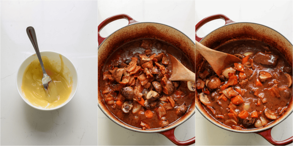 Some of the steps for making beef bourguignon. Melt the butter and whisk the flour into it. Slowly stir it into the liquid with the beef over low heat on the stovetop. Continue stirring and cooking until slightly thickened. 
Add the bacon, onions, carrots, and mushrooms. Place the pot back in the oven and cook for about another hour.