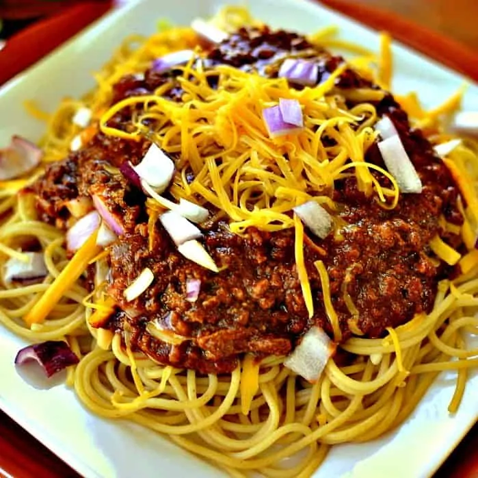 Cincinnati Chili is a unique taste combining ground beef, chili powder, cocoa powder, cinnamon, cloves and allspice. 