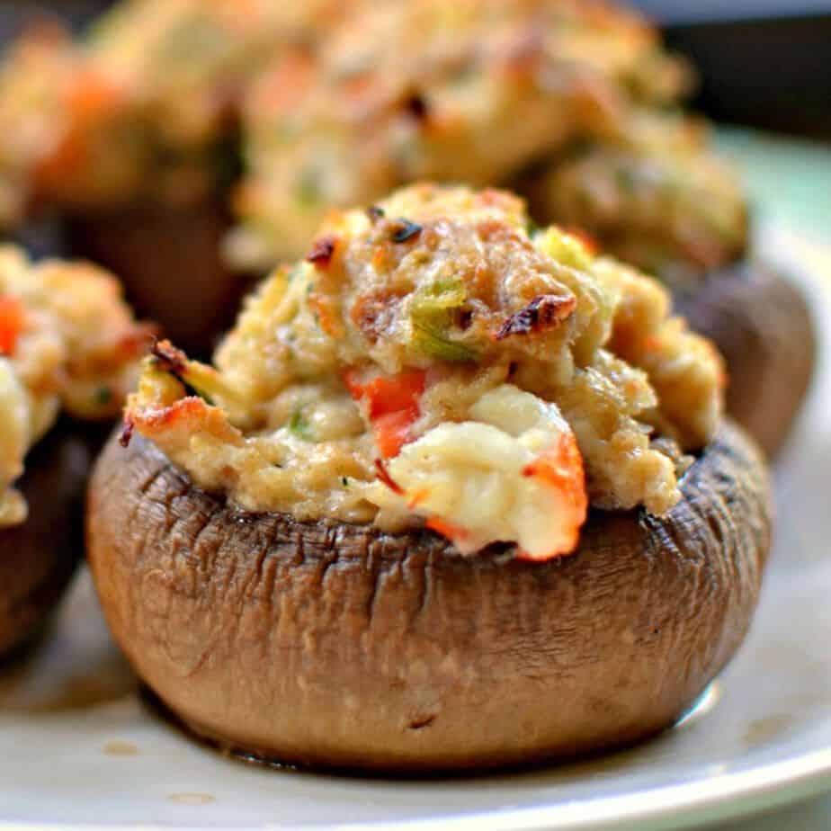 White button mushrooms are stuffed with crab, cream cheese, Parmesan and breadcrumbs. 