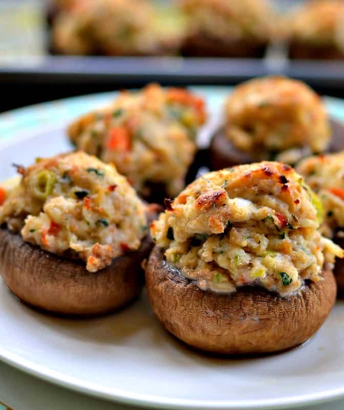 Mushrooms stuffed with crab, breadcrumbs and cheese. 