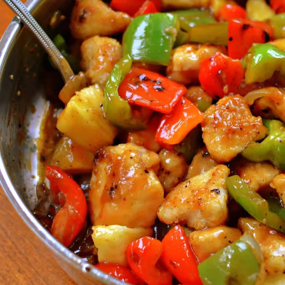 Lightly breaded chicken, bell peppers and onions in an easy to make sweet and sour sauce. 