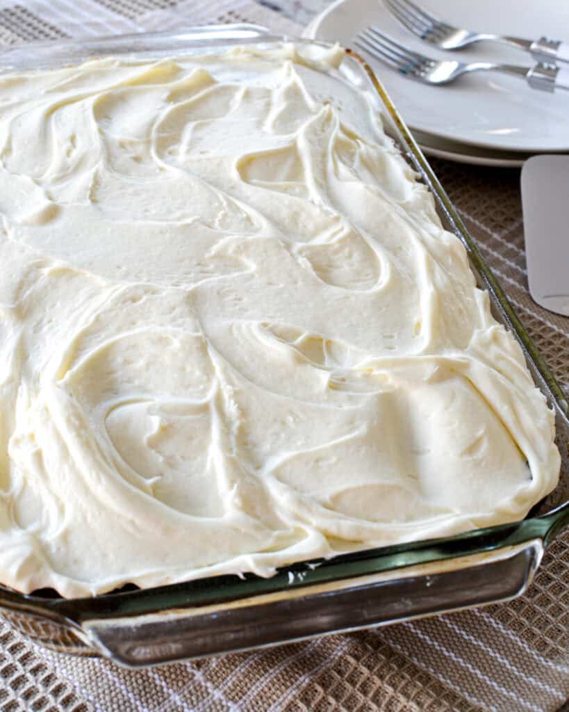 Gingerbread Cake with Cream Cheese Frosting An overhead view of gingerbread cake with cream cheese frosting.