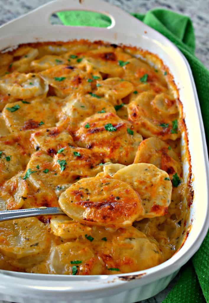 This cheesy scalloped potato recipe uses two kinds of creamy cheese for the ultimate creamy potato casserole dish