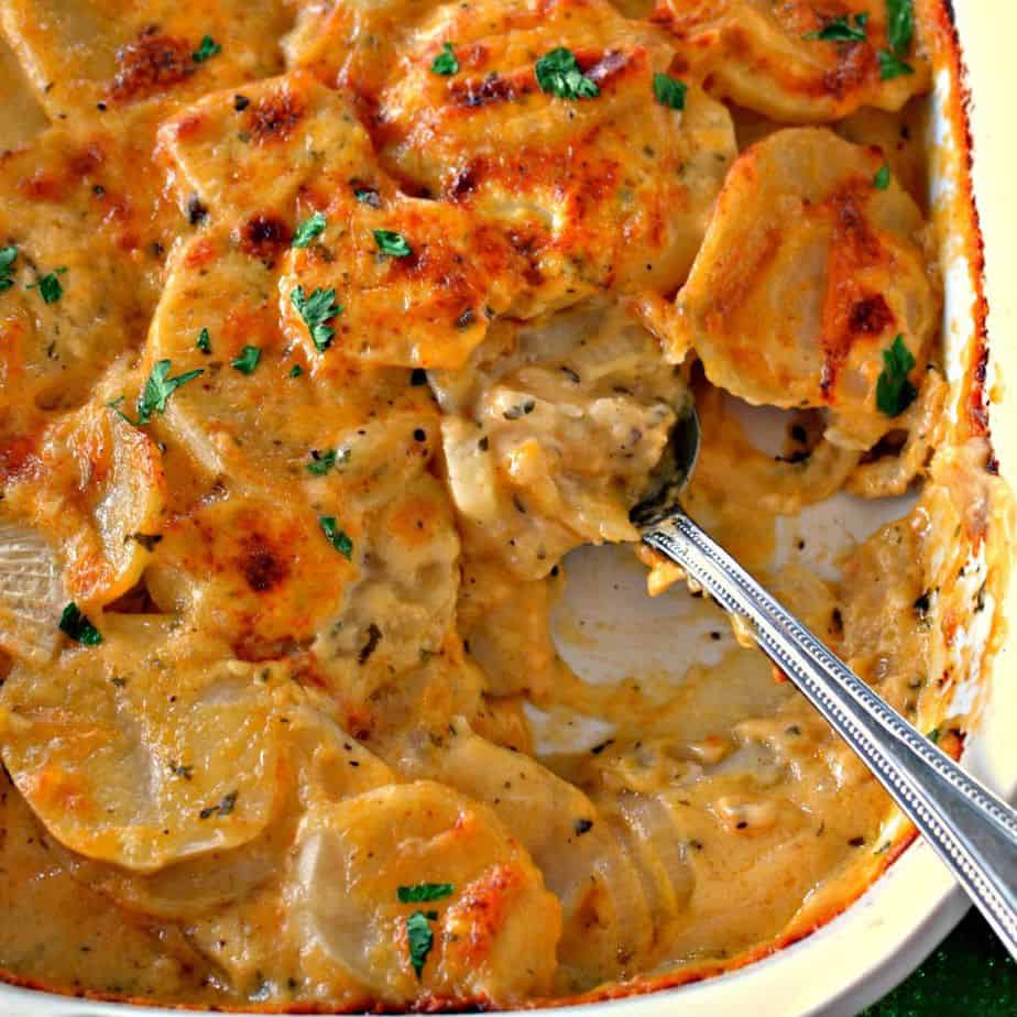 Tender and delicious scalloped potatoes cooked to perfection in a creamy cheese sauce