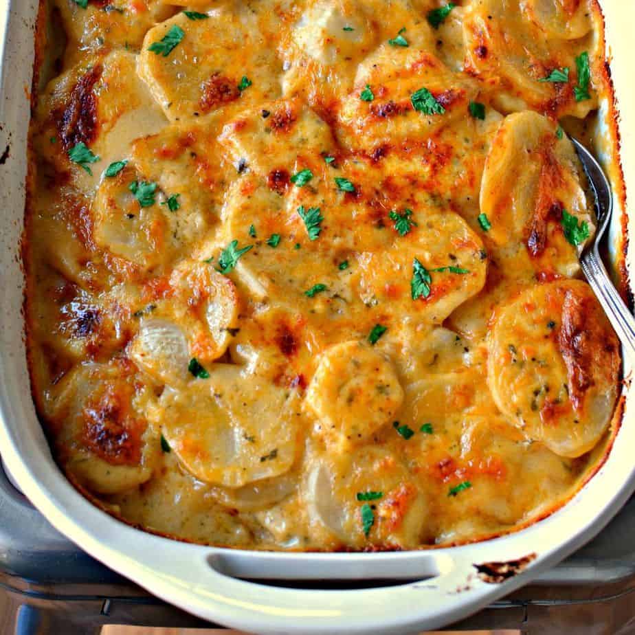 These creamy cheesy scalloped potatoes are made with sharp cheddar and white cheddar cheese