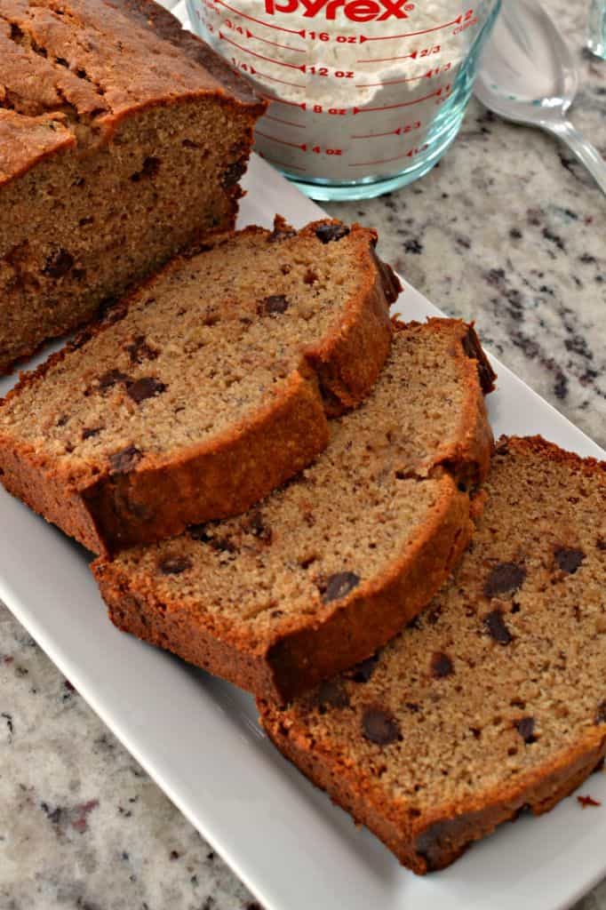 Deliciously moist peanut butter banana bread sprinkled with chocolate chips