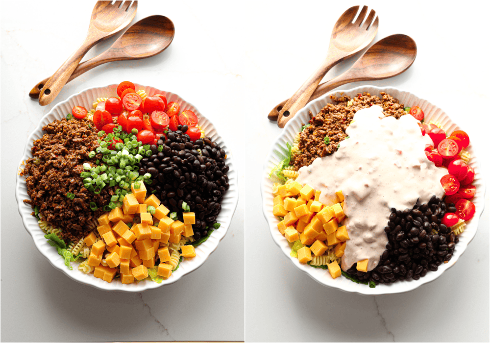 Some of the steps to making taco pasta salad. taco-seasoned ground beef, pasta, tomatoes, black beans, cheddar, and scallions together with a creamy, slightly spicy, easy-to-pull-together ranch dressing.