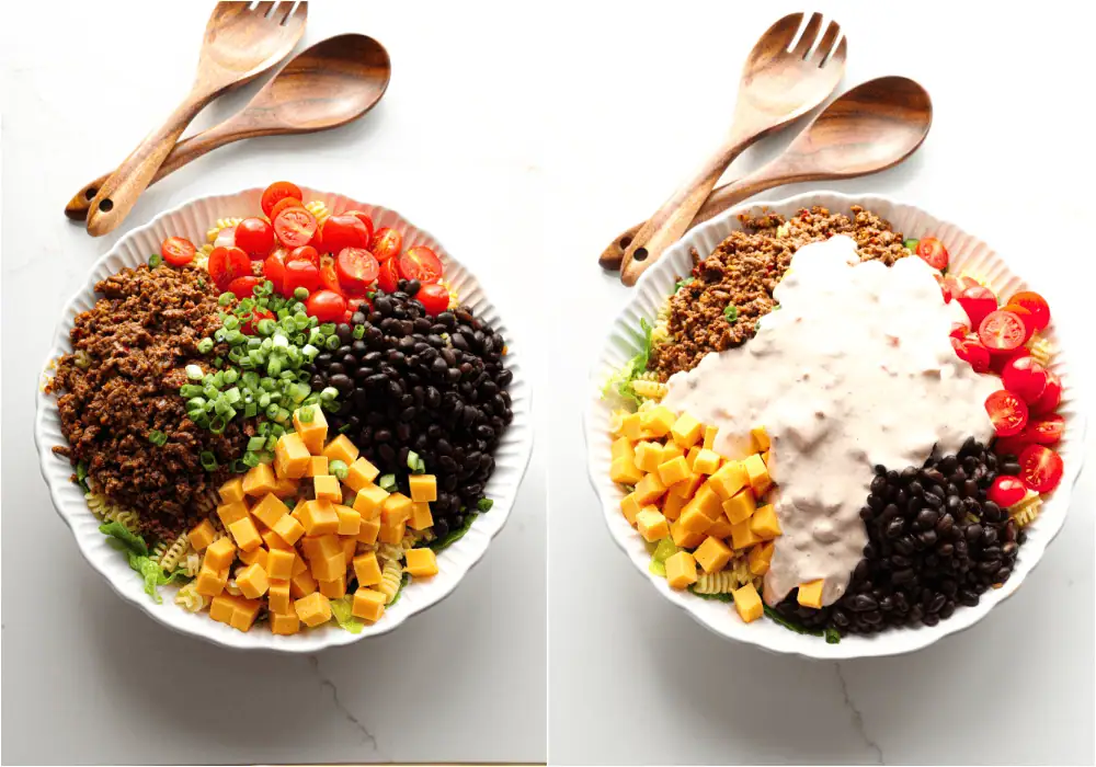 Some of the steps to making taco pasta salad. taco-seasoned ground beef, pasta, tomatoes, black beans, cheddar, and scallions together with a creamy, slightly spicy, easy-to-pull-together ranch dressing.
