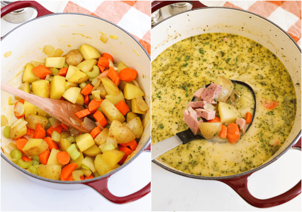 Some of steps to making potato and ham soup. Heat the olive oil in a heavy pot or Dutch oven over medium heat. Add the vegetables and cook until the onions and celery are soft. Reduce the heat to low and stir in the cream and ham. Sprinkle with fresh herbs