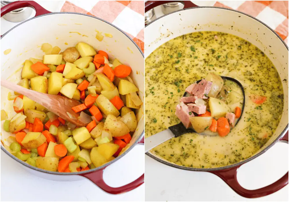 Some of steps to making potato and ham soup. Heat the olive oil in a heavy pot or Dutch oven over medium heat. Add the vegetables and cook until the onions and celery are soft. Reduce the heat to low and stir in the cream and ham. Sprinkle with fresh herbs