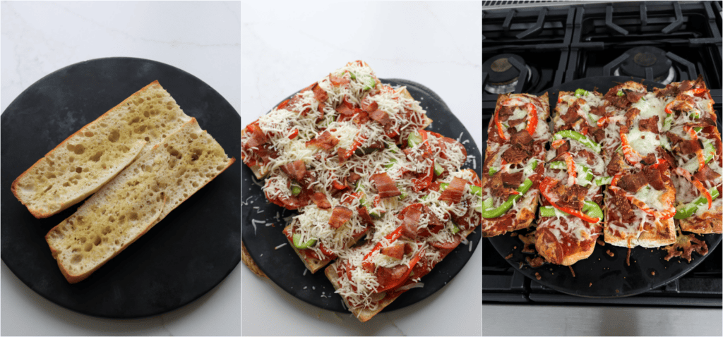Some of the steps for making French bread pizza. Slice the French bread loaf in half lengthwise.  
Brush olive oil over the cut sides of the bread and toast in the oven. 
Spread a light coating of pizza sauce on the toasted bread. Top with shredded mozzarella, pepperoni, bacon, red and green bell peppers, and more mozzarella.
Bake for 10-15 minutes or until the cheese is melted and gooey.