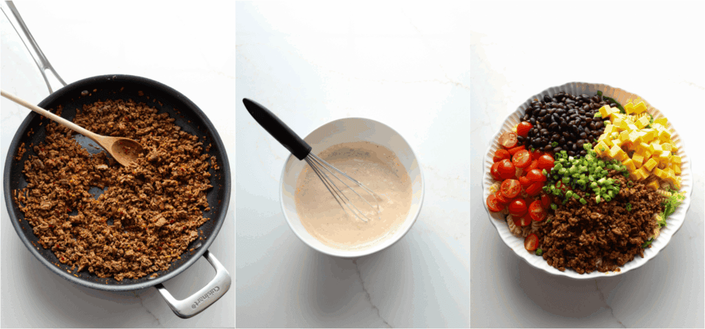 Some of the steps to making taco pasta salad. Brown the ground beef and drain any excess grease. Add the taco seasoning and water, then simmer. Remove from the heat and allow to cool to almost room temperature. In a small bowl, whisk together all the dressing ingredients. Grab a large serving bowl and gently combine the cooled pasta, prepared dressing, seasoned beef,  cheddar, tomatoes, scallions, black beans, and romaine.