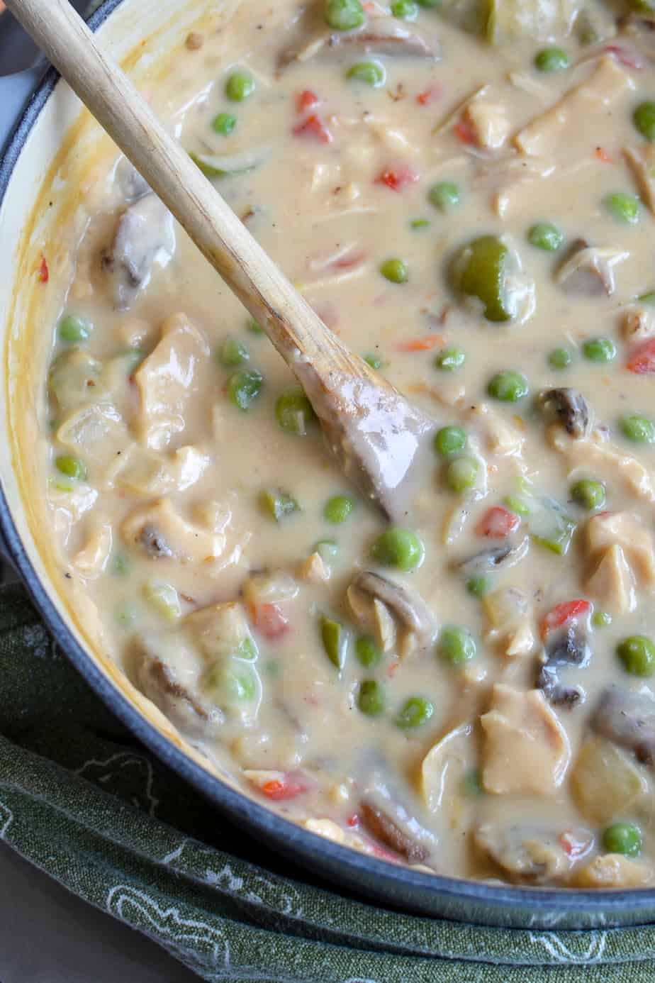 Chicken a la King is a delicious combination of chicken, mushrooms, onions, peas, peppers, and pimentos in a creamy sauce. 
