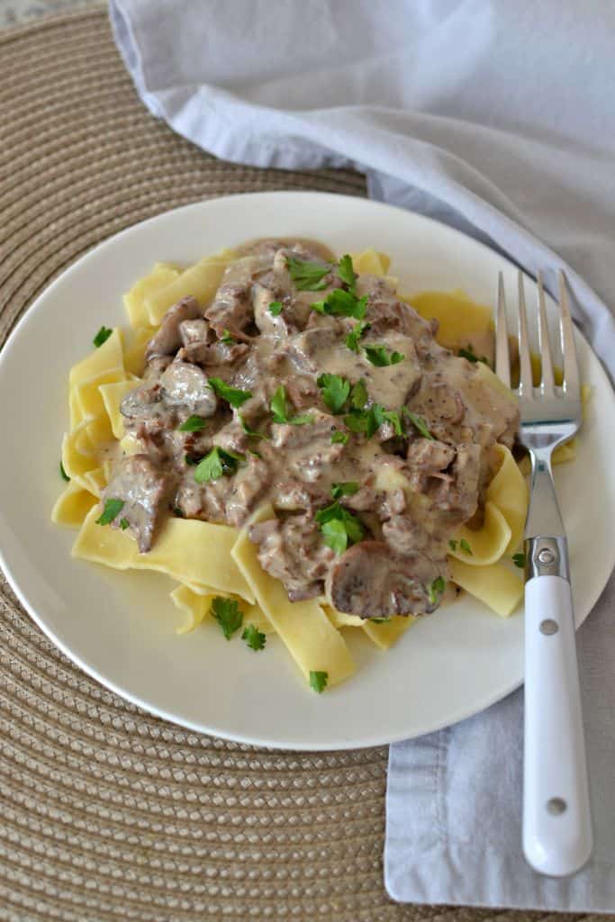 Beef and mushrooms in a rich sour cream sauce served over egg noodles. 