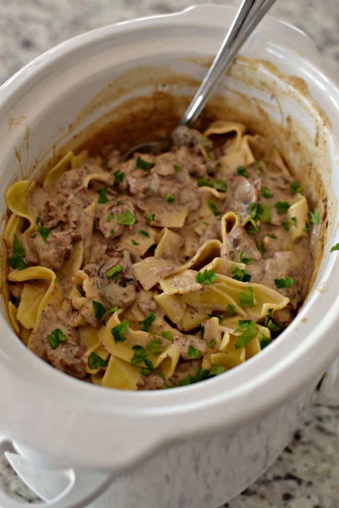 Creamy beef and mushrooms over noodles cooked in a crock pot. 
