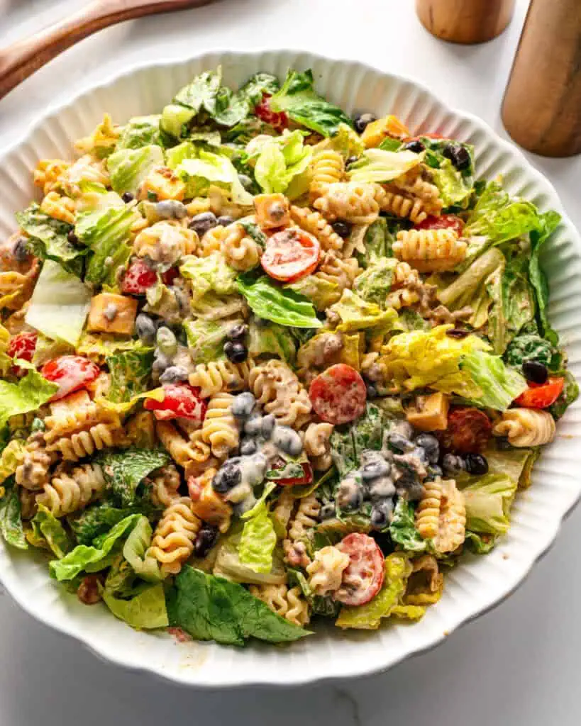 Taco Pasta Salad A close up view of taco pasta salad with