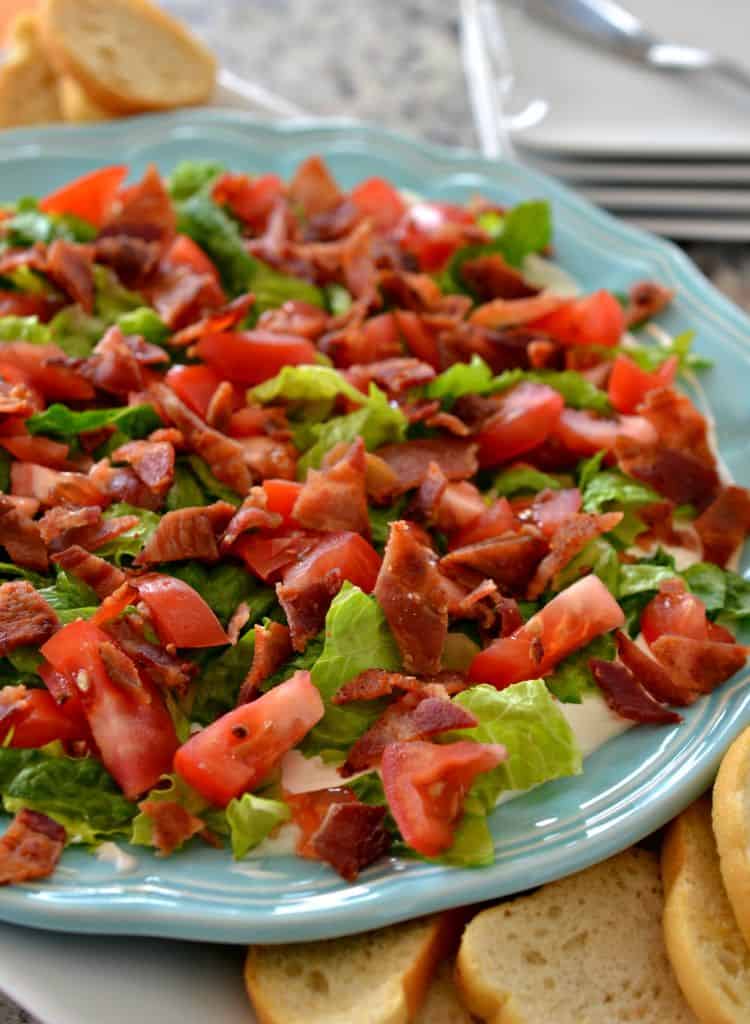 BLT Dip is layers of crisp bacon, lettuce, and tomatoes over a creamy base