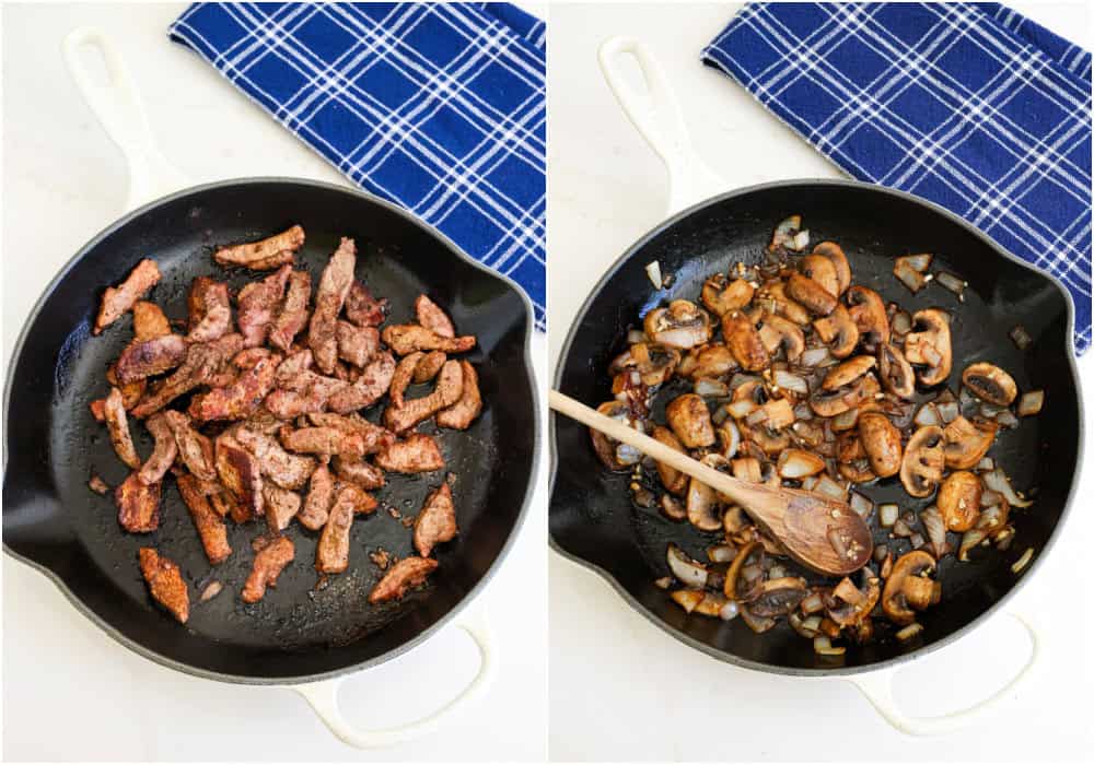 Brown the beef in a heavy skillet with a little oil. Remove the browned beef and add it to the slow cooker. Add a little more oil and add the mushrooms and the onions. Cook until the mushrooms are golden brown and the onions are soft. Reduce the heat to low. Add the garlic and cook for a minute. Remove the vegetables and add them to the slow cooker.
