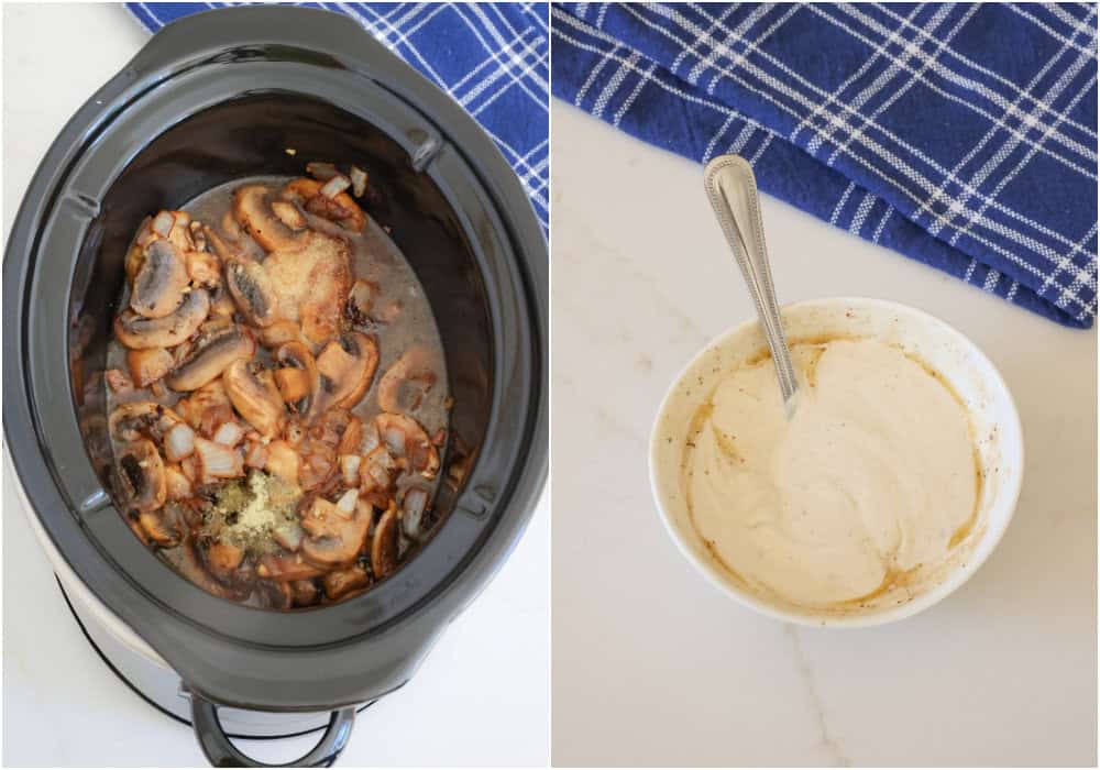 Pour 1 1/2 cups beef broth, Worcestershire Sauce, and onion powder into the crock pot. Cook for 2-3 hours on high or 4-6 hours on low. Stir the remaining beef broth and cornstarch and slowly stir it into the slow cooker. Cover and cook on high for 15-20 minutes or until thickened. Temper the sour cream by stirring several tablespoons of the hot liquid into it. Do this several times until the sour cream warms.