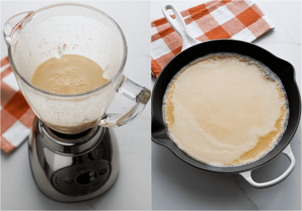 Some of the steps to making Dutch baby pancakes. Combine the eggs, milk, salt, melted butter, sugar, vanilla extract, and flour in the blender. Carefully remove the skillet from the oven and add a few tablespoons of butter to the skillet. Carefully pour in the batter and return to the oven.