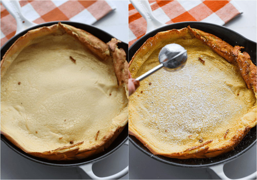 Some of the steps to making Dutch baby pancakes. Bake for about 15 minutes and sprinkle with powdered sugar. 