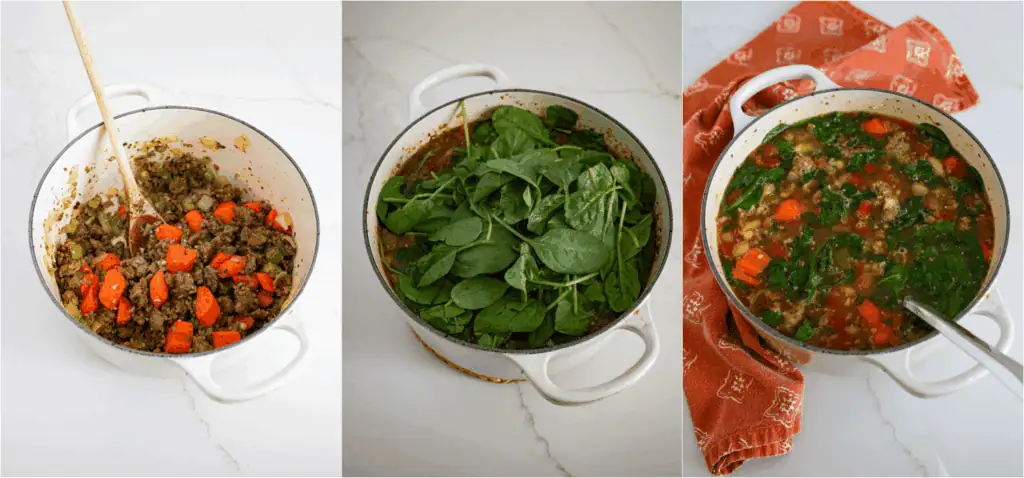 Some the steps to making Tuscan white bean soup. Brown the Italian sausage over medium heat. When the sausage is about halfway browned, add the onions, celery, and carrots. Continue cooking until the sausage is brown and the onions and celery are soft. Reduce the heat to low and add the garlic, Italian seasoning, marjoram, and cayenne pepper. Cook for a minute. Stir in the chicken broth, diced tomatoes, and cannellini beans. Simmer for 15 minutes.
Stir in the spinach and cream and cook just until the spinach wilts.