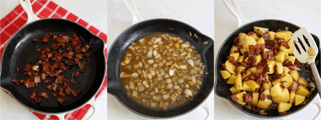 Hot German Potato Salad Some of the steps to making German potato salad. Cook the bacon in a large skillet over medium heat until it is crispy. Remove the cooked bacon to paper towels to drain. Reserve the bacon fat in the skillet. Add the onion to the skillet and cook until tender. Add the apple cider vinegar, sugar, and Dijon mustard. Bring it to a boil, then reduce the heat and simmer for a couple of minutes. Add the cooked potatoes and bacon to the pan