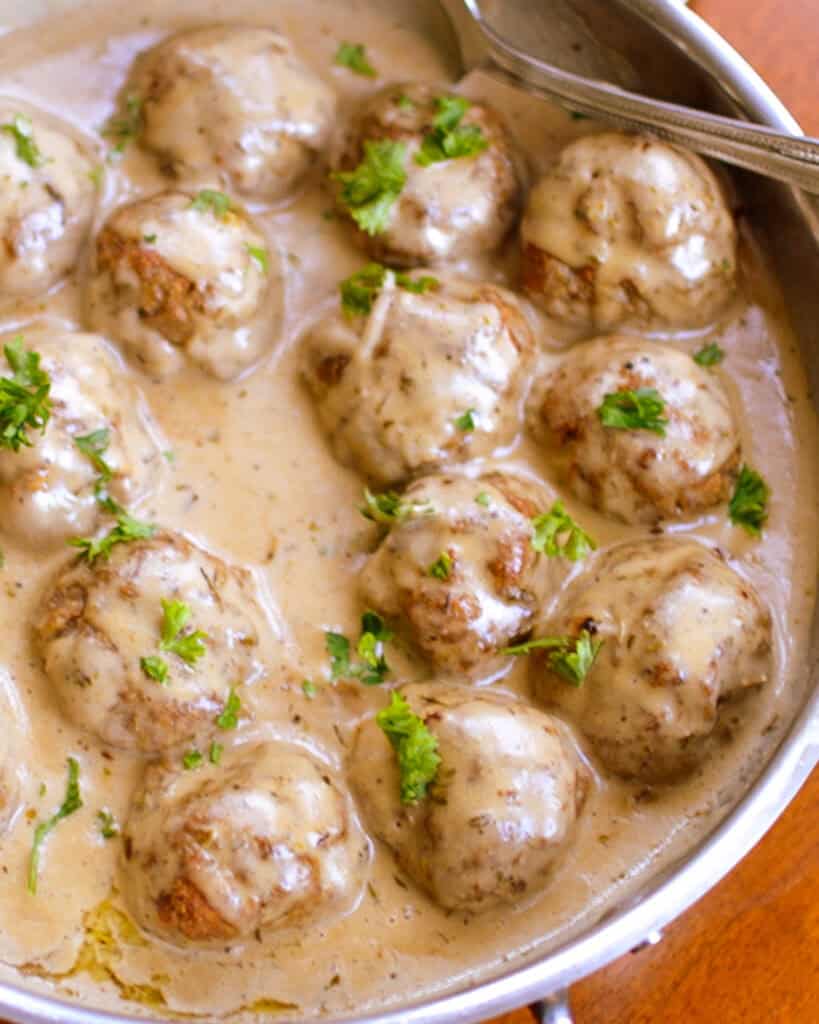 These delectable turkey meatballs combine perfectly seasoned meatballs with an easy chicken-based cream sauce made right in the same skillet.