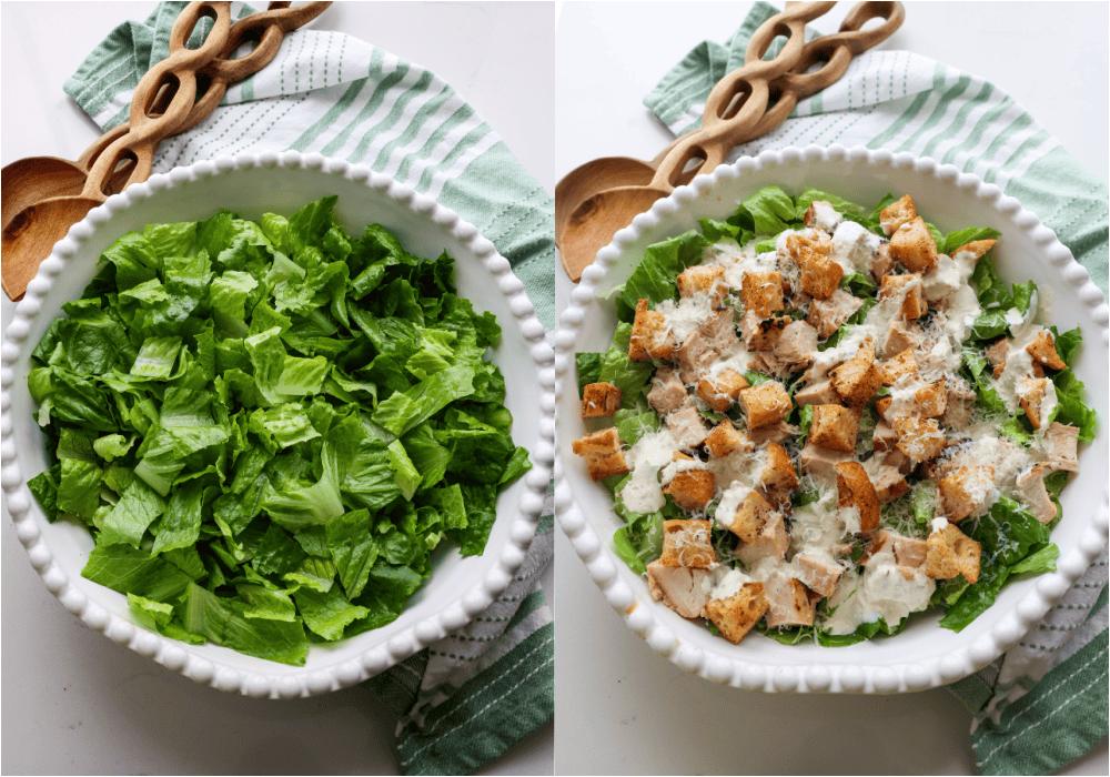 Some of the steps for making Chicken Caesar salad. Combine the romaine, chicken, and croutons in a large salad bowl. Drizzle with dressing and toss to coat.