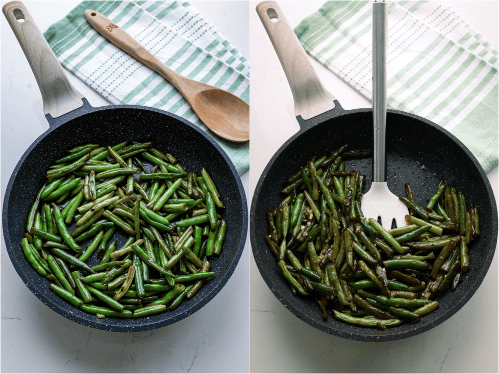 Stir Fry Green Beans Recipe Some of the steps to making stir fried green beans. Cook the green beans in hot oil at medium-high heat for a few minutes. Add the soy sauce mixture and continue cooking until the desired tenderness. They are best crisp-tender.