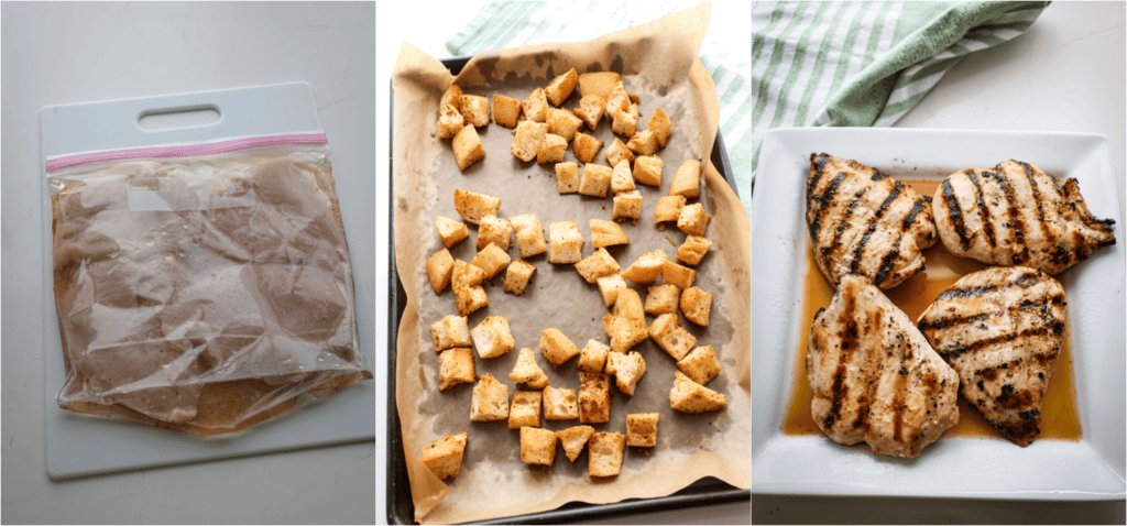 Some of the steps for making Chicken Caesar salad. Marinate the chicken for at least 30 minutes. Season and toast the croutons. 
Make the Caesar salad Dressing. 
Grill the chicken over medium heat and let it rest for about 15 minutes.