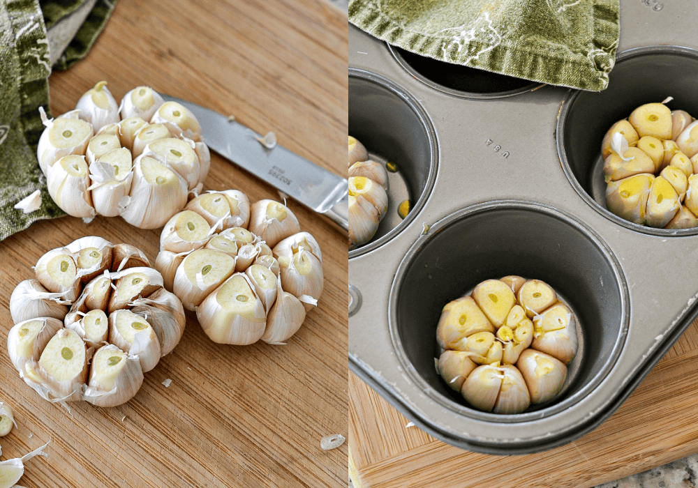 Some of the steps for making roasted garlic. Using a sharp knife, cut off the tips on the non-root end. Arrange your cut bulbs in a muffin tin, cut side up, and drizzle with olive oil.