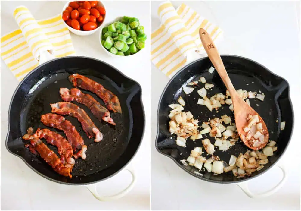 Some of the steps to make summer succotash. Fry the bacon in a large skillet, reserving the bacon grease. Add the onions and cook until soft. Reduce the heat to low and add the garlic, cooking for a minute.  