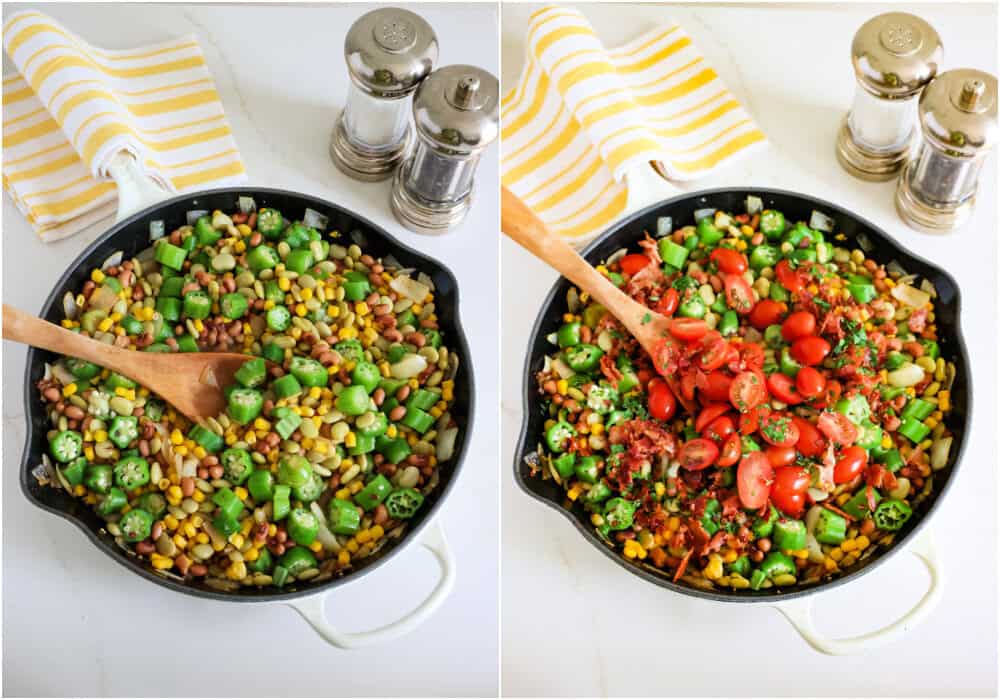 Some of the steps to making succotash. Stir in the lima beans, corn, black-eyed peas, okra, and chicken broth. Bring the mixture to a gentle boil, then reduce the heat and simmer until the vegetables are tender and heated through. Reduce the heat to low, stir in the tomatoes, cider vinegar, and chopped parsley or thyme. Then, season with salt and freshly ground black pepper. 