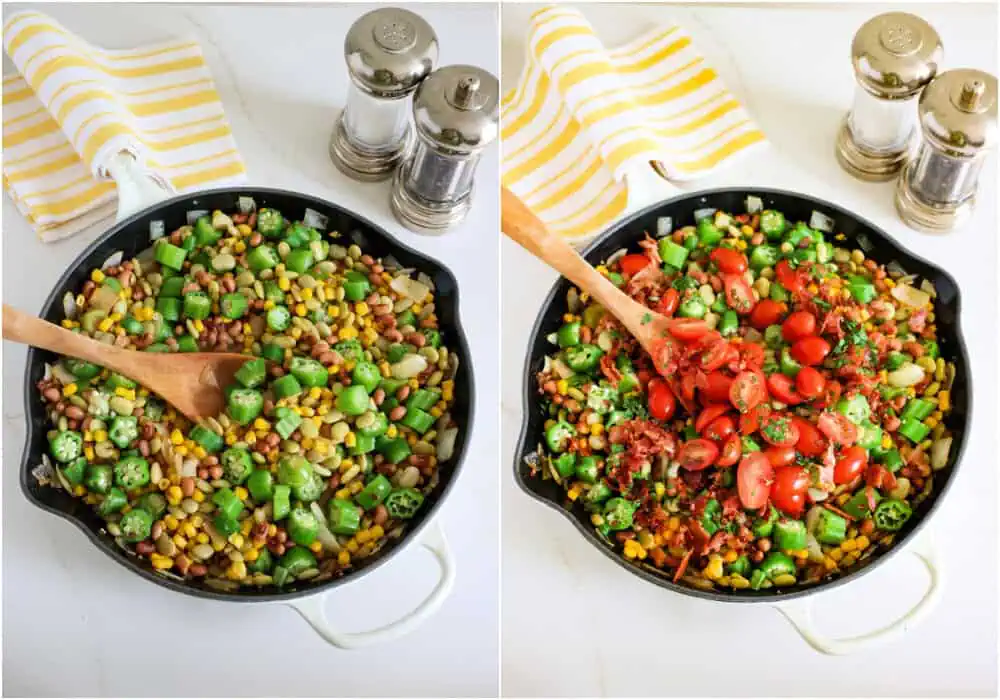 Some of the steps to making succotash. Stir in the lima beans, corn, black-eyed peas, okra, and chicken broth. Bring the mixture to a gentle boil, then reduce the heat and simmer until the vegetables are tender and heated through. Reduce the heat to low, stir in the tomatoes, cider vinegar, and chopped parsley or thyme. Then, season with salt and freshly ground black pepper. 