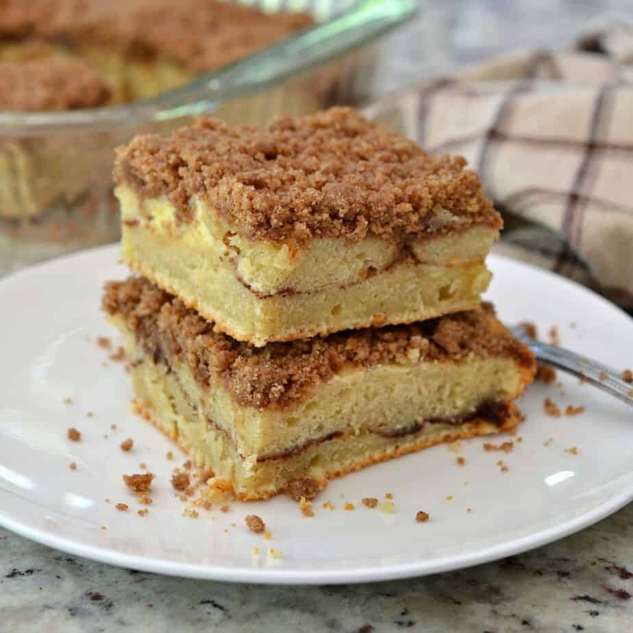 This cinnamon coffee cake is topped with a sweet streusel topping and sweet cream cheese filling 