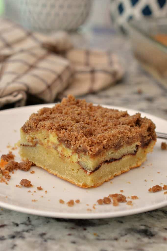 This cinnamon coffee cake had layers of sweet, buttery cake, cream cheese, cinnamon, and a delicious streusel topping