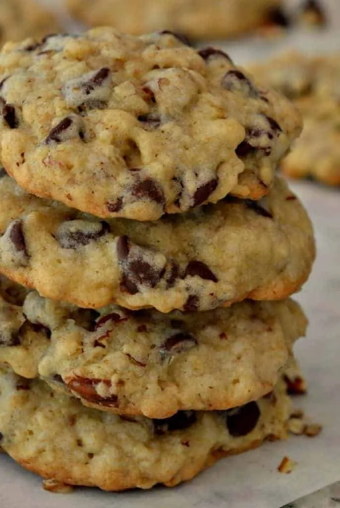Soft and chewy cowboy cookies have chocolate chips, oatmeal, and walnuts