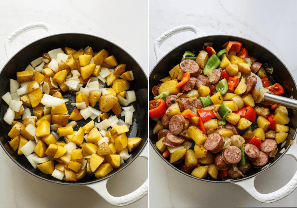 Some of the steps for making sausage and potatoes. In a large skillet over medium-low heat, add the olive oil. Add the potatoes and cook for about 20 minutes. 
Then add the onion and cook until the onions are tender and the potatoes are lightly browned. Add the sausage and bell peppers. Cook until the sausages are lightly browned and the vegetables are tender.