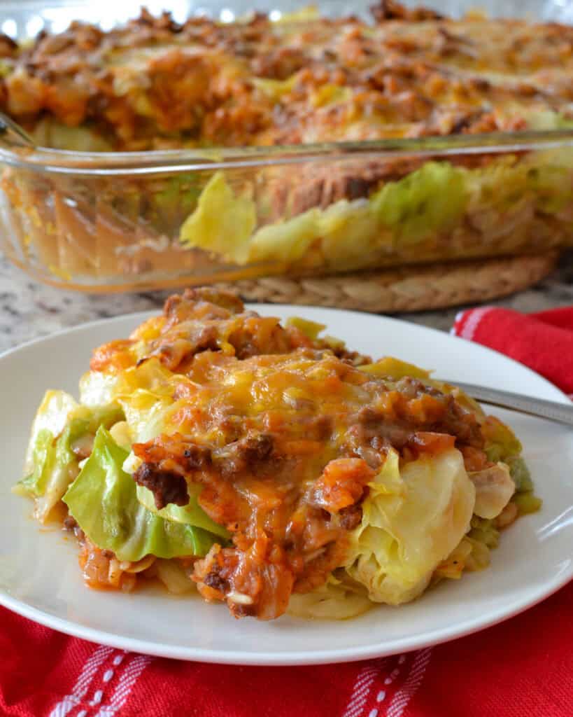 Cabbage Roll Casserole Cabbage roll casserole on a single serving plate with a fork.