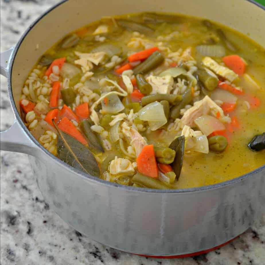 Chicken and Barley Soup is made with rotisserie chicken, making it an easy semi-homemade meal that comes together fast