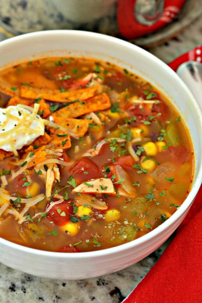 Easy Chicken Enchilada Soup is topped with seasoned tortilla strips and sour cream