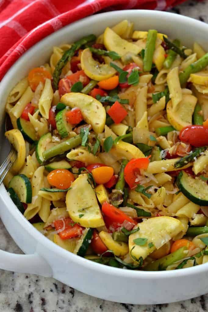 Pasta Primavera is a delicious mix of penne pasta and freshly cooked vegetables