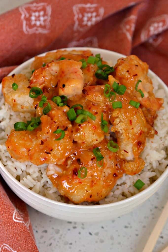A creamy, spicy homemade chili sauce coats this perfectly cooked shrimp