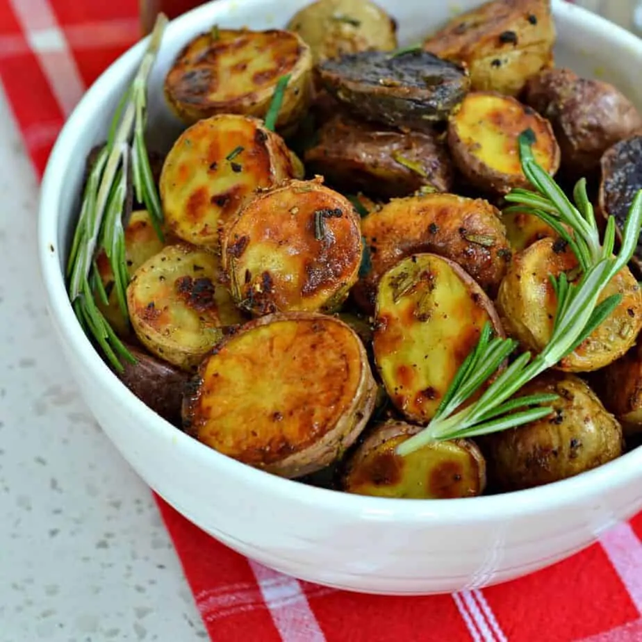 Crisp Roasted Red Potatoes with Rosemary and freshly grated Parmesan Cheese.