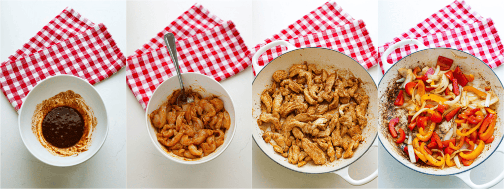Chicken Fajita Casserole Recipe Some of the steps to making chicken fajita casserole. Whisk the olive oil, garlic powder, chili powder, ground cumin, smoked paprika, lime juice, and honey. Add the chicken pieces and marinate. Cook the chicken in a little oil until browned on both sides. Plate the chicken. Cook the bell peppers and onions until lightly browned on the edges.