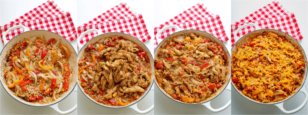 Some of the steps to making chicken fajita casserole. Add the rice and continue cooking for a few minutes until lightly browned.
Stir in the chicken broth, chicken soup, fire-roasted tomatoes, salt, black pepper, and the cooked chicken.
Cover and bake for 30 minutes or until the rice is tender. Sprinkle with plenty of shredded cheddar cheese and bake until the cheese melts and the casserole is hot.